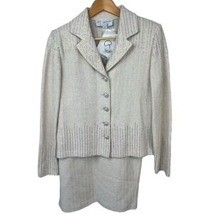 St. John Evening By Marie Gray Cream Gold Knit Suit with Skirt Sz 6 NWT Sparkle